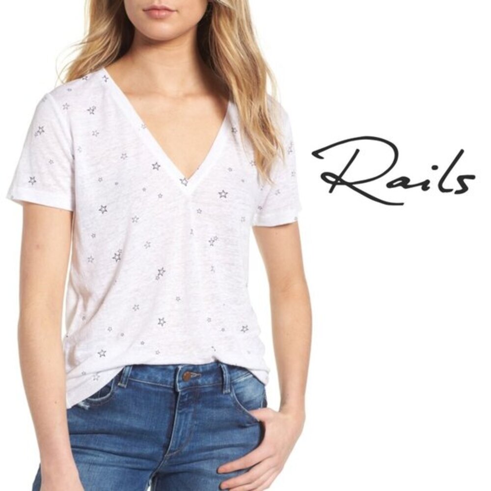Rails Small Linen V Neck Top Shirt Blouse Tee Cara White Black Star Bright Short